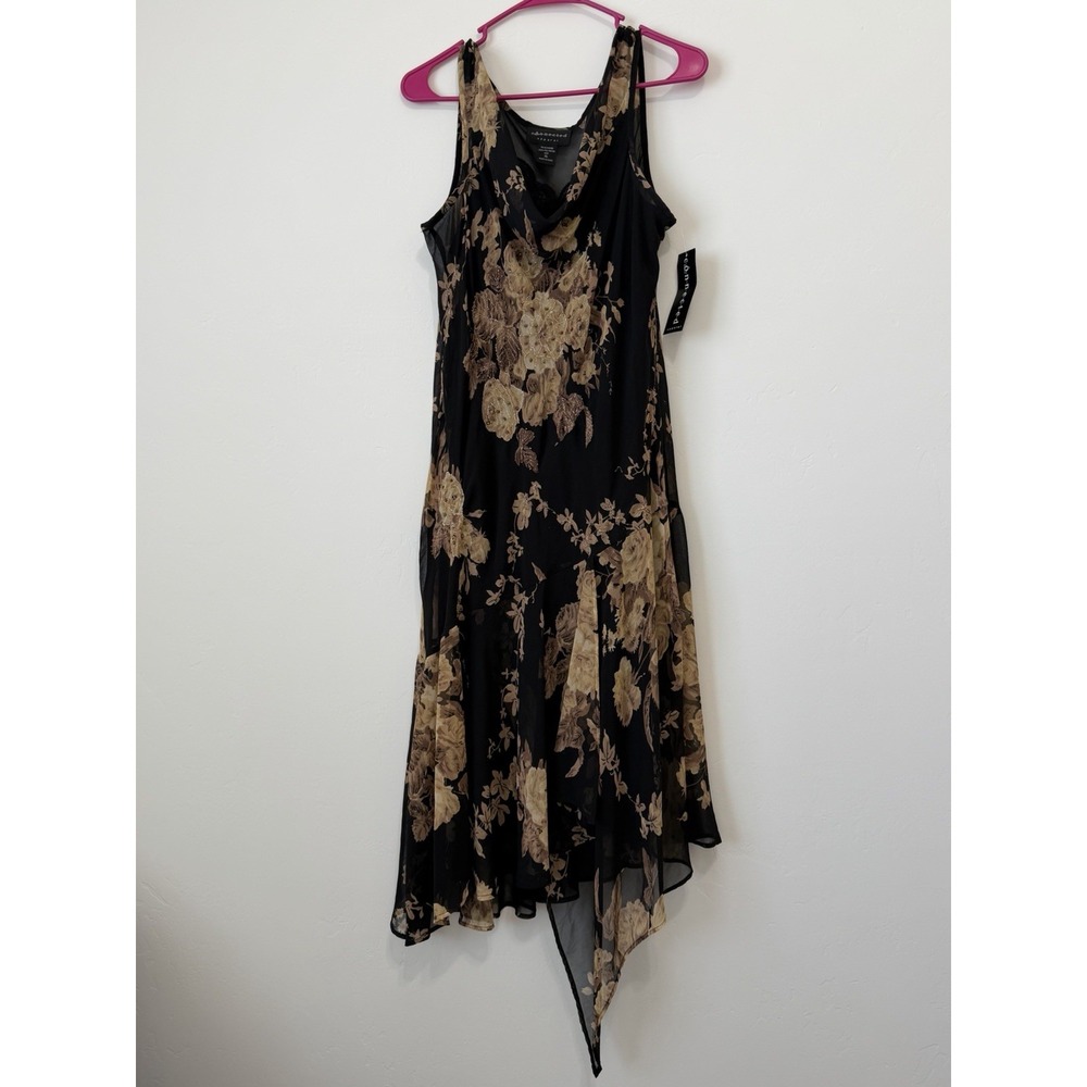Connected Apparel Black Floral Beaded Chiffon Handkerchief Midi Dress XL Y2K
